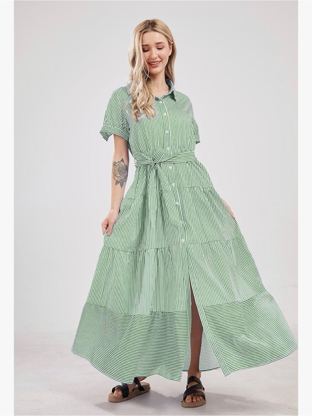 Chouyatou Womens Casual Button Down Tie Waist Ruffled Striped Maxi Shirt Dress L